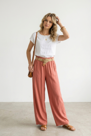 Pantaloni dama lejeri din tencel, cu talie elastica si curea, roz inchis