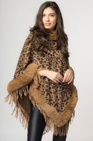Poncho animal print camel, de oras, tivit cu blana