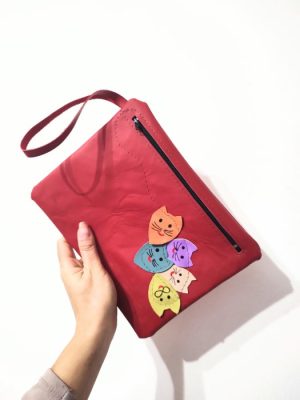 Portfard din piele naturala cu pisicute colorate