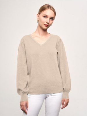Pulover cu maneca bufanta si decolteu in V, din tricotaj fin, bej