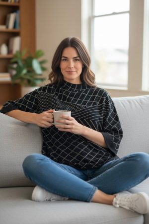 Pulover cu jocuri de linii albe  pe fond negru