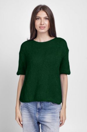 Pulover pufos cu maneca scurta, cu mohair si lana, verde inchis