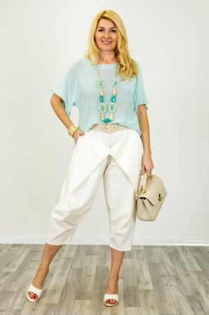 Bluza din bumbac tricotat cu maneca scurta kimono, verde menta