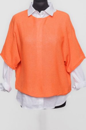 Bluza din bumbac tricotat cu maneca scurta kimono, portocaliu