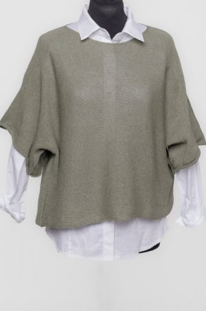 Bluza din bumbac tricotat cu maneca scurta kimono, kaki