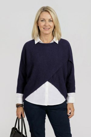 Pulover tip poncho petrecut asimetric, bleumarin