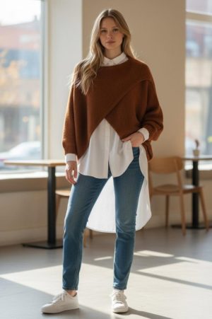 Pulover tip poncho petrecut asimetric, cu lana, caramiziu