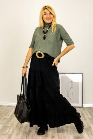 Pulover versatil cu maneci scurte ribbed si guler inalt, din vascoza, verde prafuit