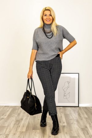 Pulover versatil cu maneci scurte ribbed si guler inalt, din vascoza, gri