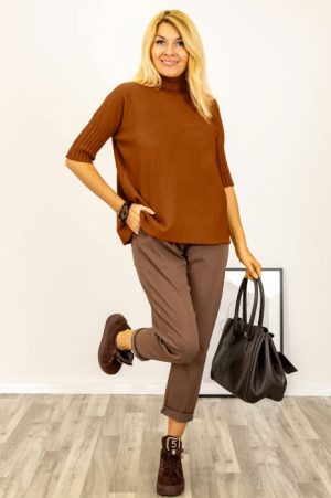 Pulover versatil cu maneci scurte ribbed si guler inalt, din vascoza, maro roscat