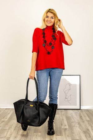 Pulover versatil cu maneci scurte ribbed si guler inalt, din vascoza, rosu