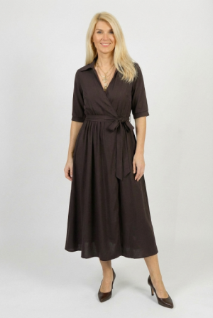 Rochie midi, petrecuta cu cordon, din vascoza maro