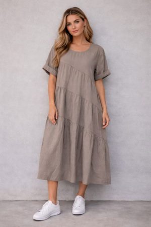 Rochie midi oversized din poplin de bumbac ,   stil lejer natural, bej inchis