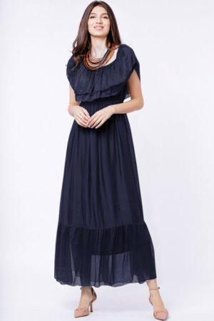 Rochie lunga, bleumarin, din matase si vascoza, cu volan pe umeri