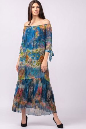 Rochie lunga din matase si vascoza, cu imprimeu pictural in nuante de albastru