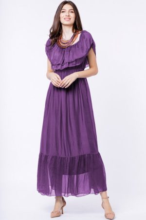 Rochie lunga, mov, din matase si vascoza, cu volan pe umeri