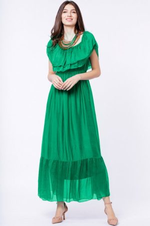 Rochie lunga, verde, din matase si vascoza, cu volan pe umeri