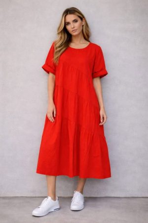 Rochie midi oversized din poplin de bumbac ,   stil lejer natural, rosie