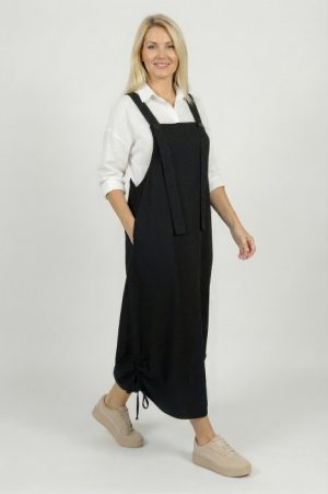 Rochie sarafan lunga cu bretele si snur reglabil, din jerseu de bumbac neagra