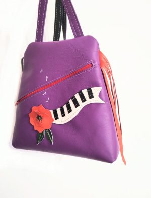 Rucsac mov din piele naturala ,cu pian si trandafir corai , unicat