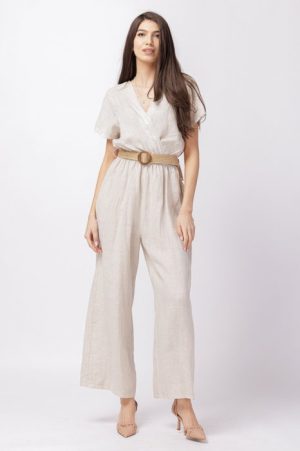 Salopeta de vara, din in, cu bust petrecut si curea, bej