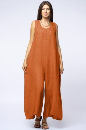 Salopeta de vara larga din in cu bretele late, caramizie