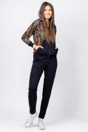 Trening dama bumbac doua piese, pantalon negru si hanorac cu corai si kaki