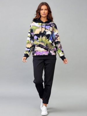 Trening dama cu hanorac imprimat cu ilustratie fashion si pantaloni jogger ,   negru