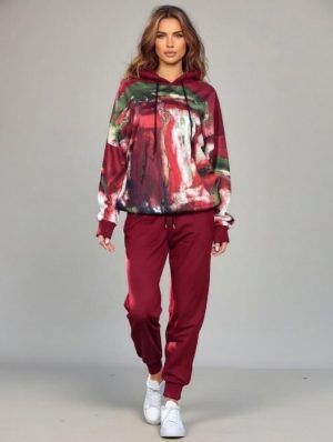 Trening dama din catifea cu hanorac imprimat si pantaloni jogger ,   bordo