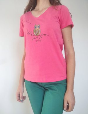 Tricou din bumbac roz cu  bufnita pictata manual