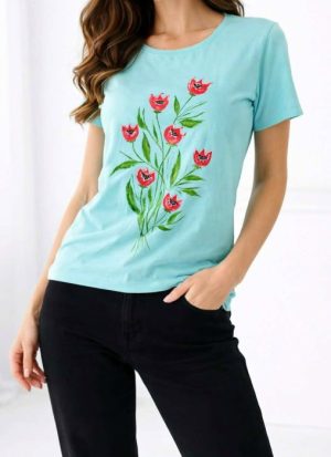 Tricou turcoaz, pictat manual ,cu lalele, unicat