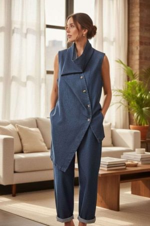 Vesta lunga arhitecturala cu design asimetric, din denim